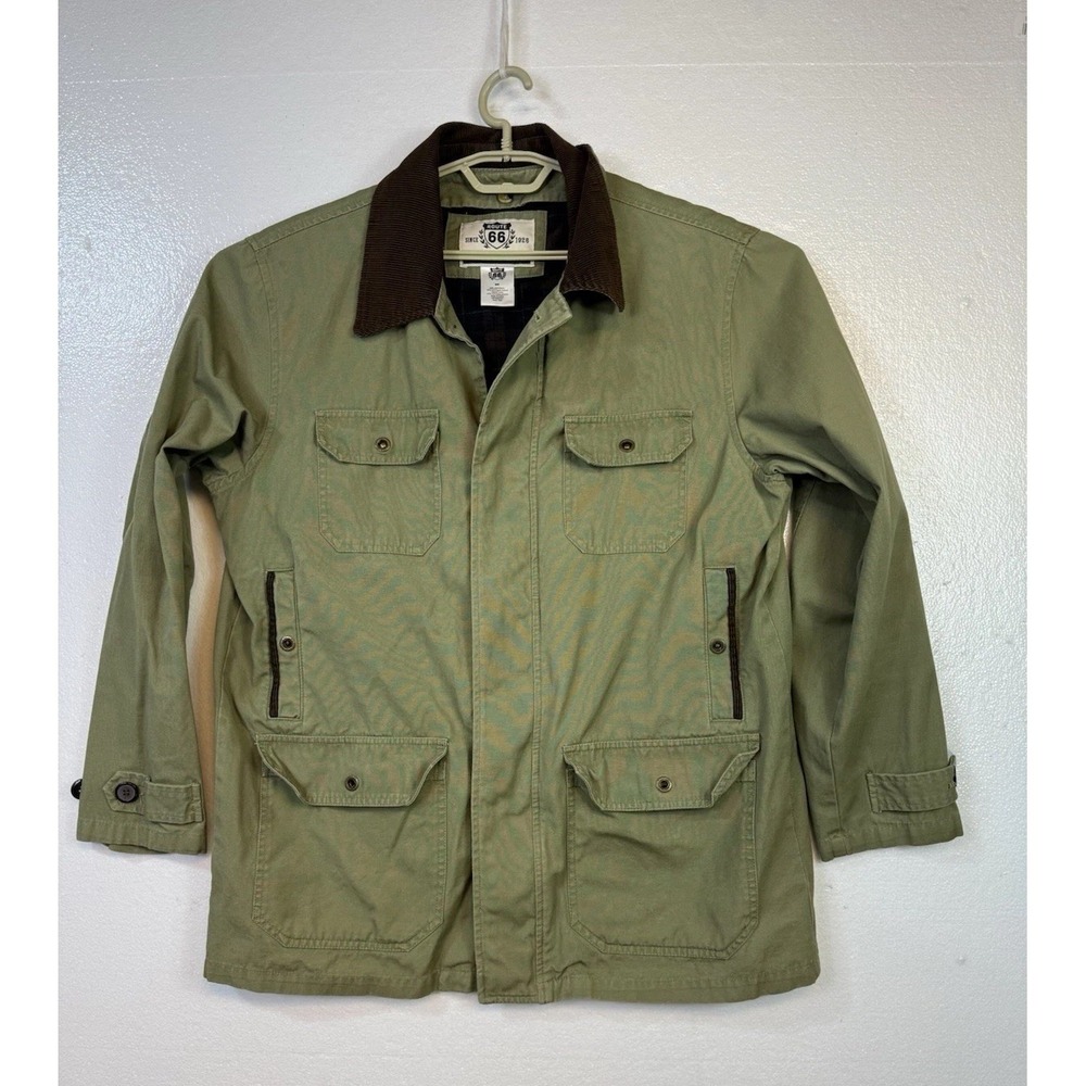 Route 66 Men M Chore Jacket Barn Coat Green Cotton Plaid Lined Corduroy Collar